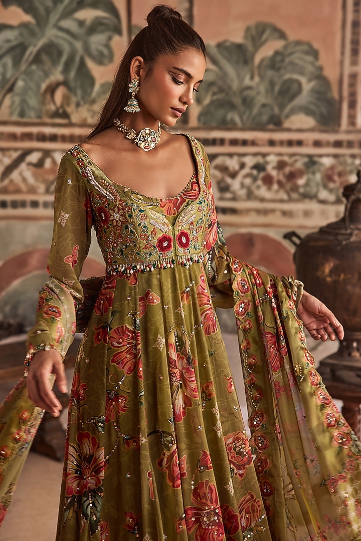 Olive Green Chiffon & Dupion Silk Printed Wedding Anarkali Set by Show Shaa at Pernia's Pop Up Shop