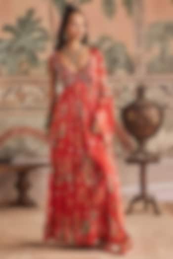 Orange & Red Chiffon Floral Printed & Hand Embroidered Wedding Anarkali Set by Show Shaa at Pernia's Pop Up Shop