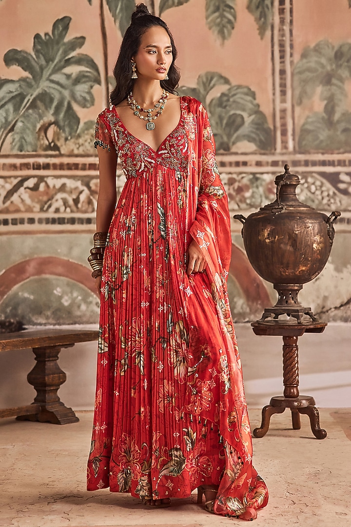 Orange & Red Chiffon Floral Printed & Hand Embroidered Wedding Anarkali Set by Show Shaa at Pernia's Pop Up Shop