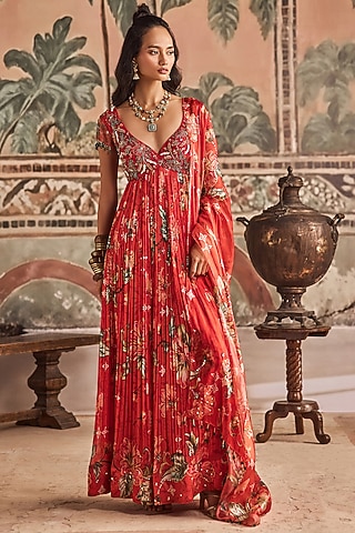 Orange & Red Chiffon Floral Printed & Hand Embroidered Anarkali Set by Show Shaa