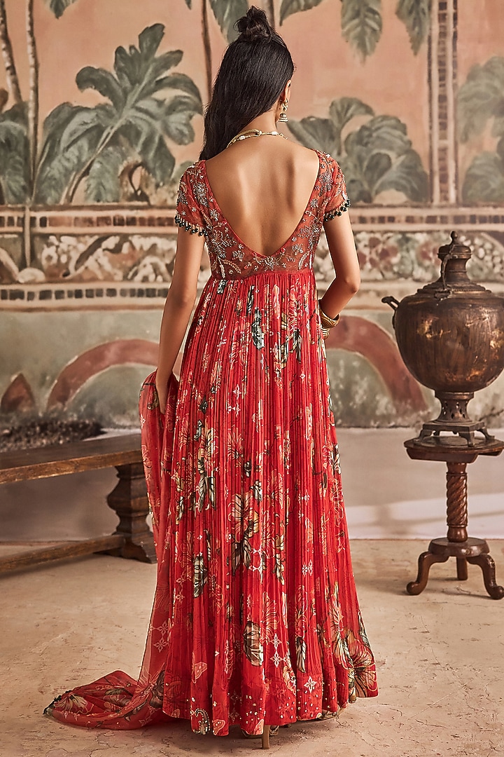 Orange & Red Chiffon Floral Printed & Hand Embroidered Wedding Anarkali Set by Show Shaa at Pernia's Pop Up Shop