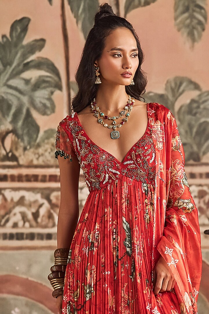 Orange & Red Chiffon Floral Printed & Hand Embroidered Wedding Anarkali Set by Show Shaa at Pernia's Pop Up Shop