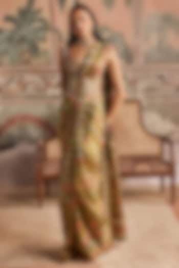 Olive Green Glass Organza & Dupion Silk Floral Printed Wedding Saree Set by Show Shaa at Pernia's Pop Up Shop