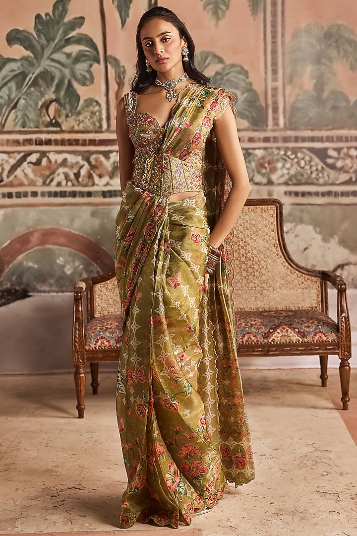 Olive Green Glass Organza & Dupion Silk Floral Printed Wedding Saree Set by Show Shaa at Pernia's Pop Up Shop