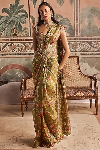Olive Green Glass Organza & Dupion Silk Floral Printed Saree Set by Show Shaa