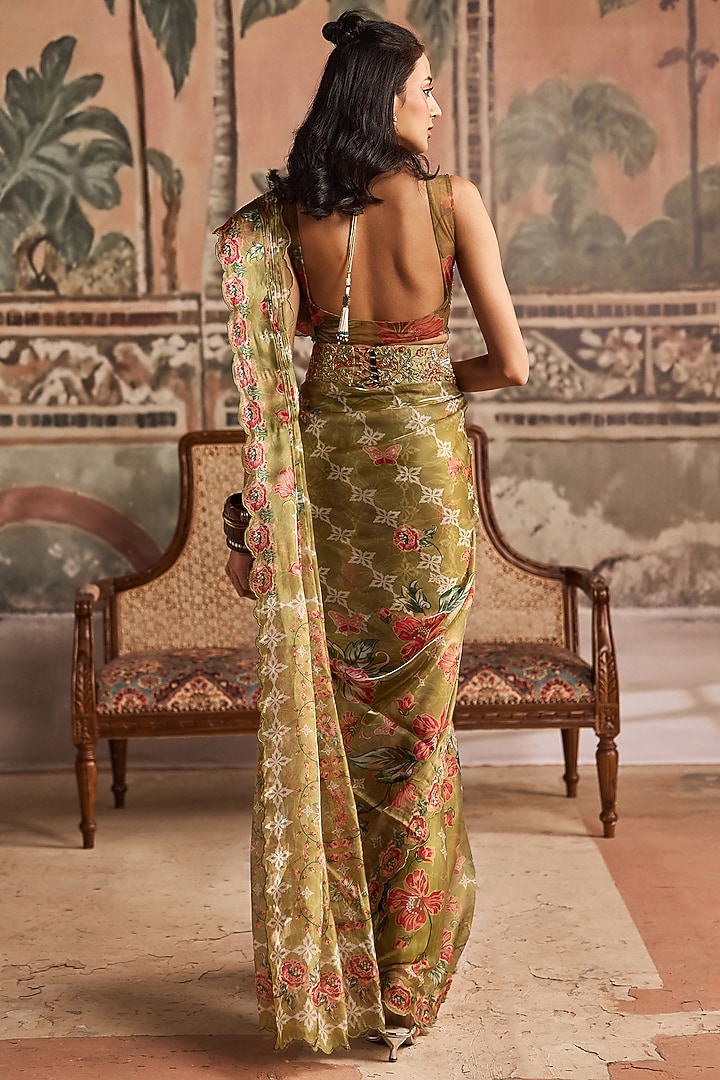 Olive Green Glass Organza & Dupion Silk Floral Printed Wedding Saree Set by Show Shaa at Pernia's Pop Up Shop