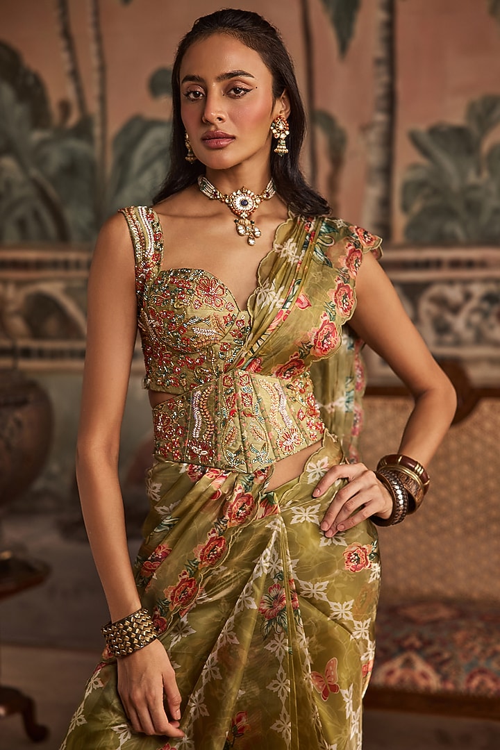Olive Green Glass Organza & Dupion Silk Floral Printed Wedding Saree Set by Show Shaa at Pernia's Pop Up Shop
