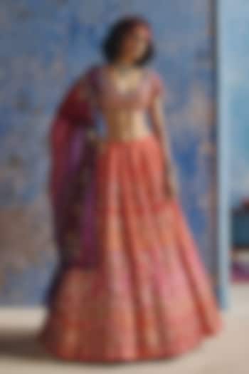 Orange Ombre Organza Printed & Embroidered Bridal Lehenga Set by Show Shaa at Pernia's Pop Up Shop