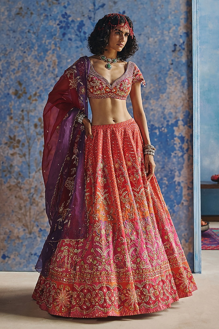 Orange Ombre Organza Printed & Embroidered Bridal Lehenga Set by Show Shaa at Pernia's Pop Up Shop
