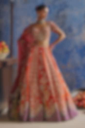 Orange Chanderi Hand & Machine Embroidered Wedding Lehenga Set by Show Shaa at Pernia's Pop Up Shop