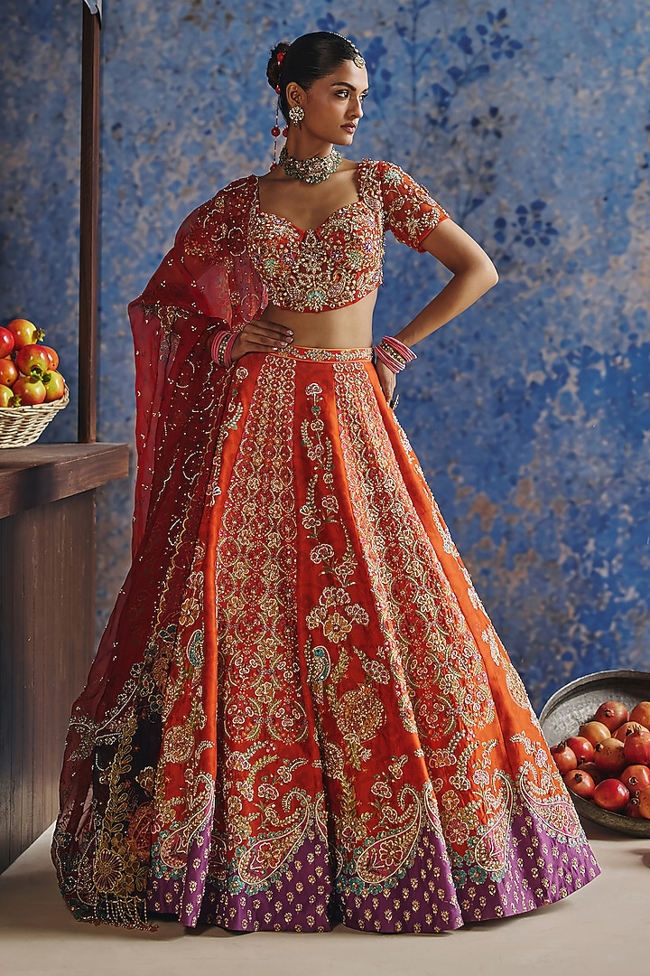Orange Chanderi Hand & Machine Embroidered Wedding Lehenga Set by Show Shaa at Pernia's Pop Up Shop