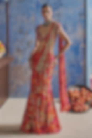 Orange Chanderi Printed & Embroidered Pre-Draped Wedding Saree Set by Show Shaa at Pernia's Pop Up Shop