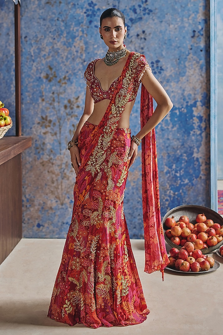 Orange Chanderi Printed & Embroidered Pre-Draped Wedding Saree Set by Show Shaa at Pernia's Pop Up Shop