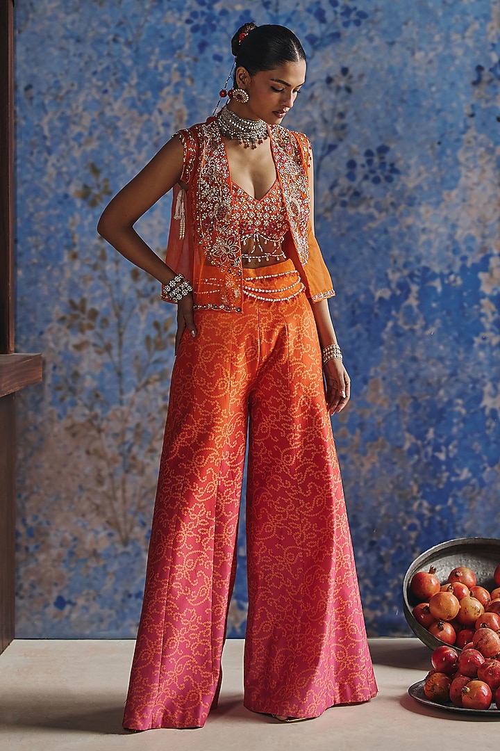 Orange Organza Hand & Machine Embroidered Jacket Set by Show Shaa at Pernia's Pop Up Shop