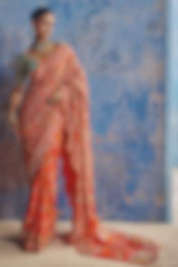 Pumpkin Orange Chanderi Hand & Machine Embroidered Pre-Pleated Reception Saree Set by Show Shaa at Pernia's Pop Up Shop