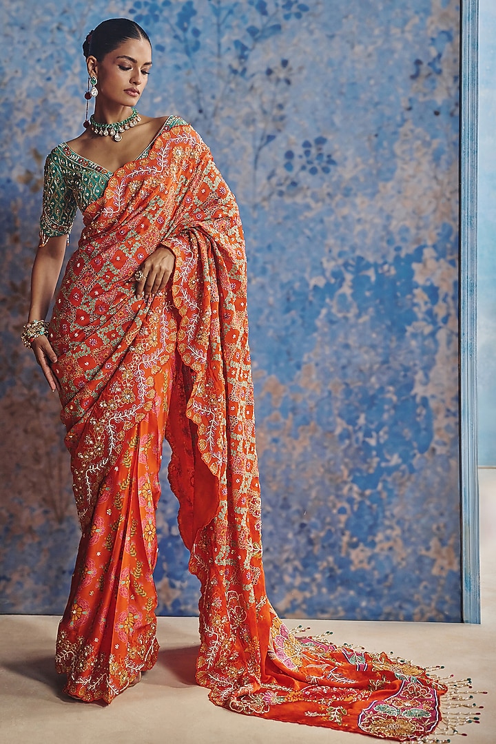 Pumpkin Orange Chanderi Hand & Machine Embroidered Pre-Pleated Reception Saree Set by Show Shaa at Pernia's Pop Up Shop
