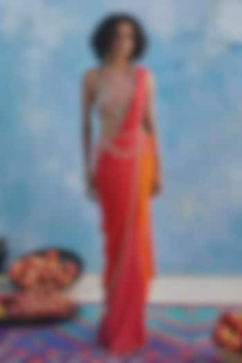 Orange Chiffon Bandhani Printed & Embroidered Pre-Pleated Wedding Saree Set by Show Shaa at Pernia's Pop Up Shop