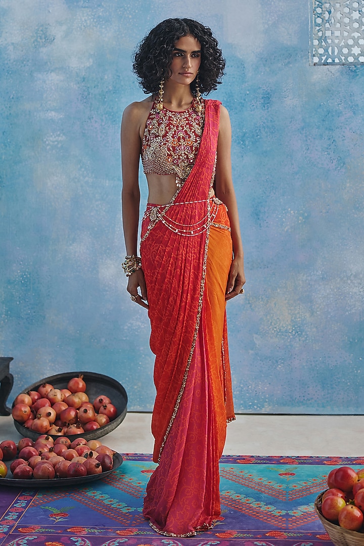 Orange Chiffon Bandhani Printed & Embroidered Pre-Pleated Wedding Saree Set by Show Shaa at Pernia's Pop Up Shop