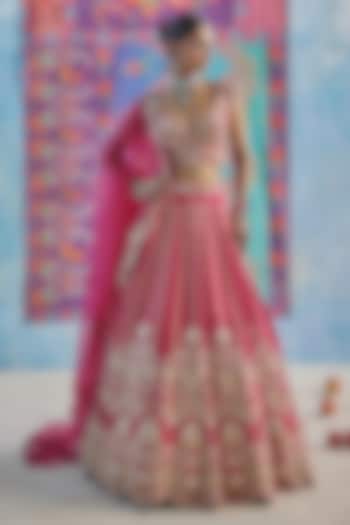 Magenta Pink Raw Silk Hand & Machine Embroidered Bridal Lehenga Set by Show Shaa at Pernia's Pop Up Shop