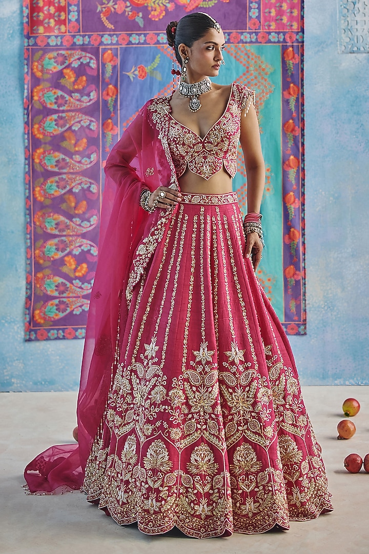 Magenta Pink Raw Silk Hand & Machine Embroidered Bridal Lehenga Set by Show Shaa at Pernia's Pop Up Shop