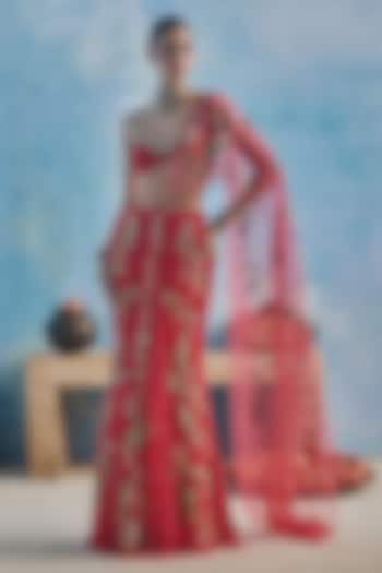 Pink Net Hand & Machine Embroidered Pre-Draped Wedding Saree Set by Show Shaa at Pernia's Pop Up Shop