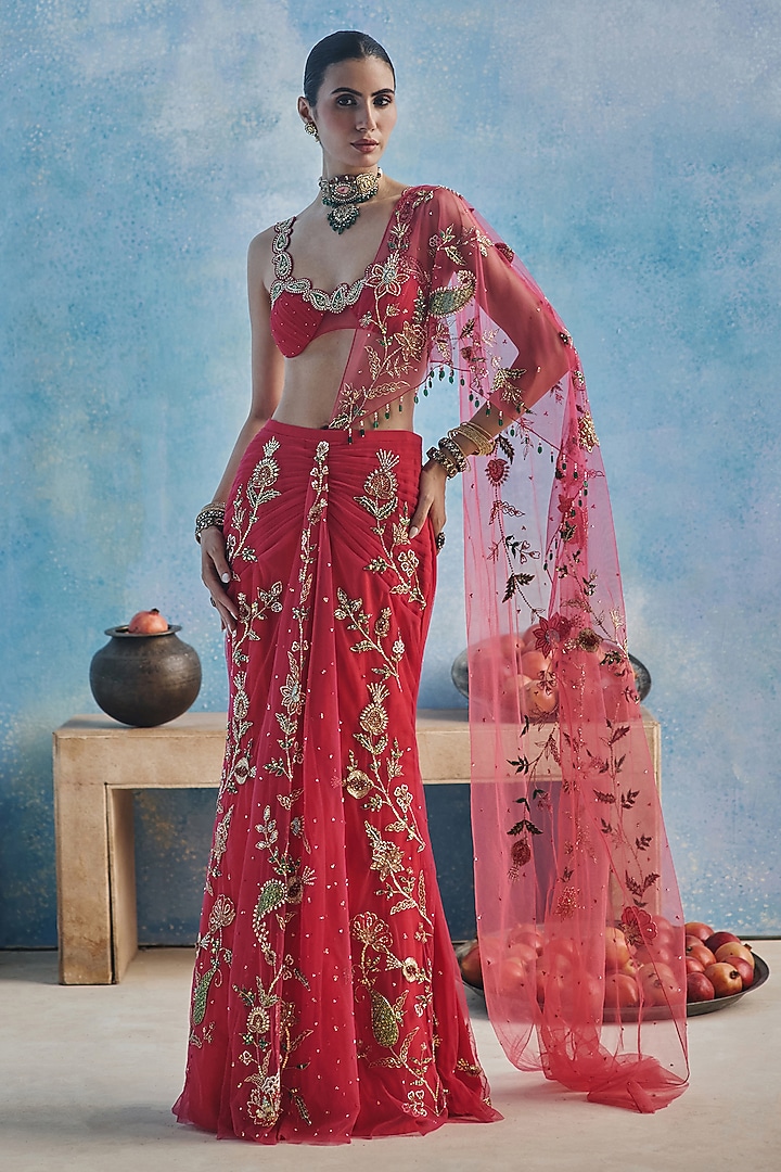 Pink Net Hand & Machine Embroidered Pre-Draped Wedding Saree Set by Show Shaa at Pernia's Pop Up Shop