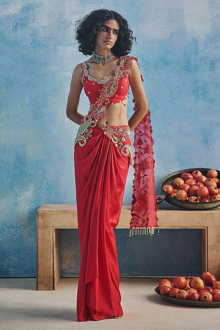 Coral Red Satin & Chanderi Embroidered Pre-Draped Wedding Saree Set by Show Shaa at Pernia's Pop Up Shop