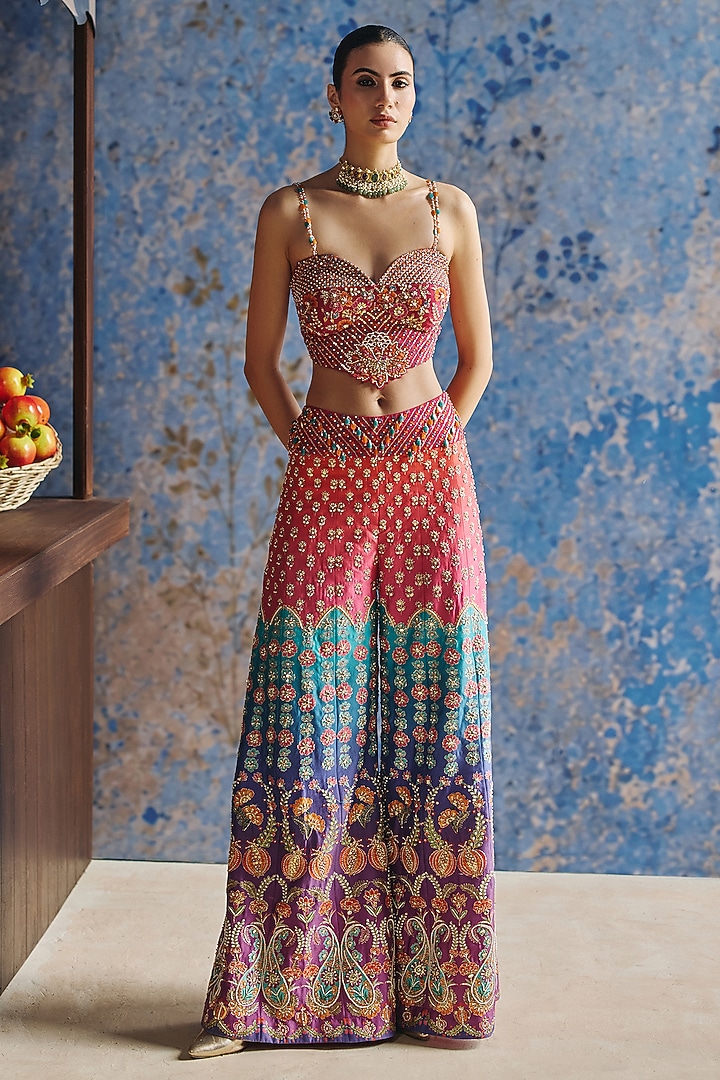 Multi-Colored Ombre Chanderi Hand & Machine Embroidered Wedding Sharara Set by Show Shaa at Pernia's Pop Up Shop