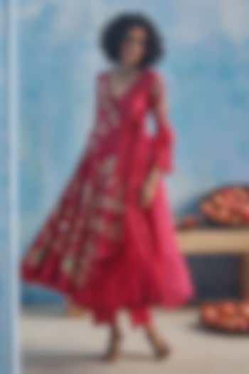Pink Chanderi Silk Hand & Machine Embroidered Wedding Anarkali Set by Show Shaa at Pernia's Pop Up Shop