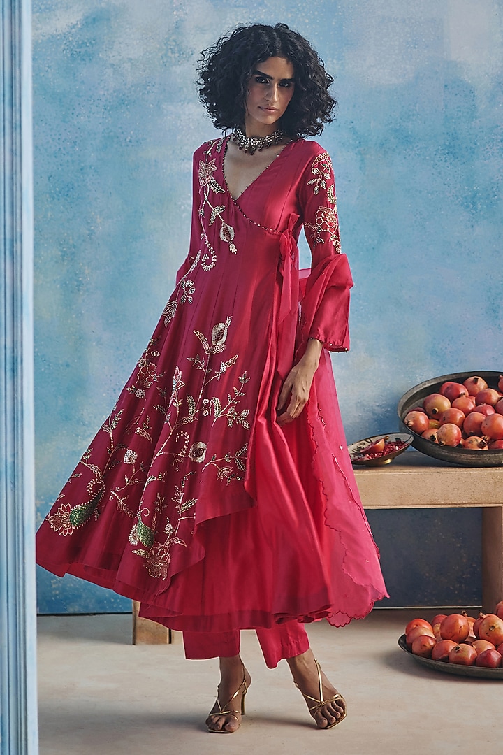 Pink Chanderi Silk Hand & Machine Embroidered Wedding Anarkali Set by Show Shaa at Pernia's Pop Up Shop