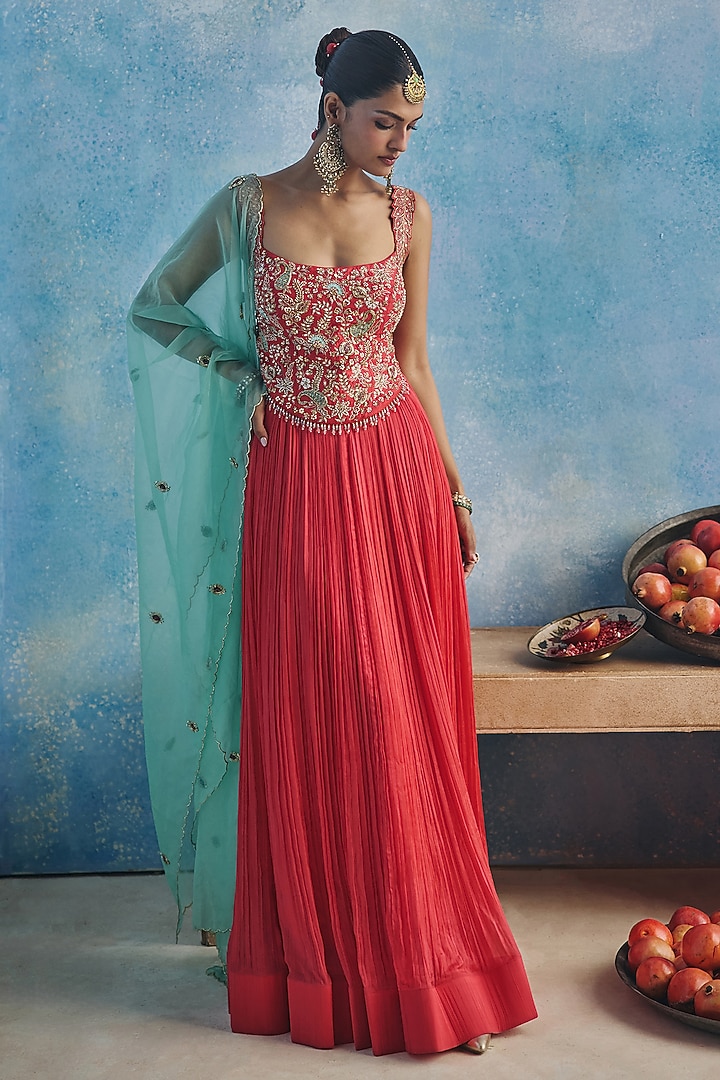 Pink Chanderi Hand & Machine Embroidered Wedding Anarkali Set by Show Shaa at Pernia's Pop Up Shop