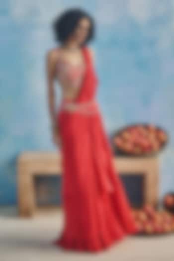 Pink Chiffon Hand & Machine Embroidered Pre-Draped Wedding Saree Set by Show Shaa at Pernia's Pop Up Shop