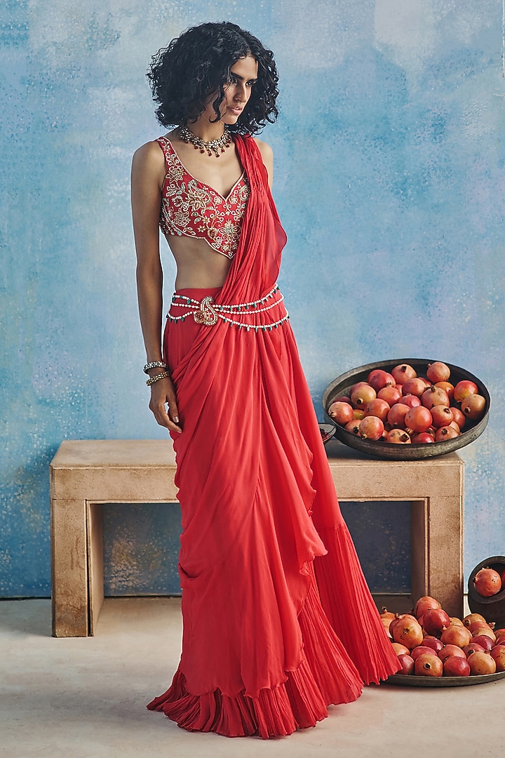 Pink Chiffon Hand & Machine Embroidered Pre-Draped Wedding Saree Set by Show Shaa at Pernia's Pop Up Shop