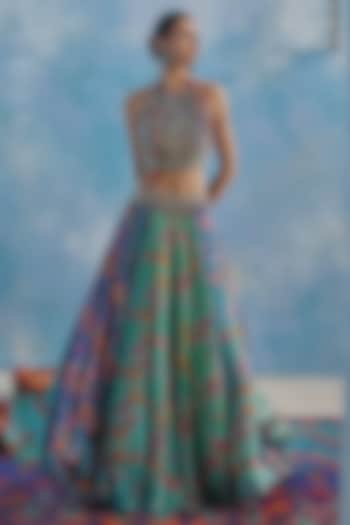 Blue Chanderi & Modal Satin Printed Wedding Lehenga Set by Show Shaa at Pernia's Pop Up Shop