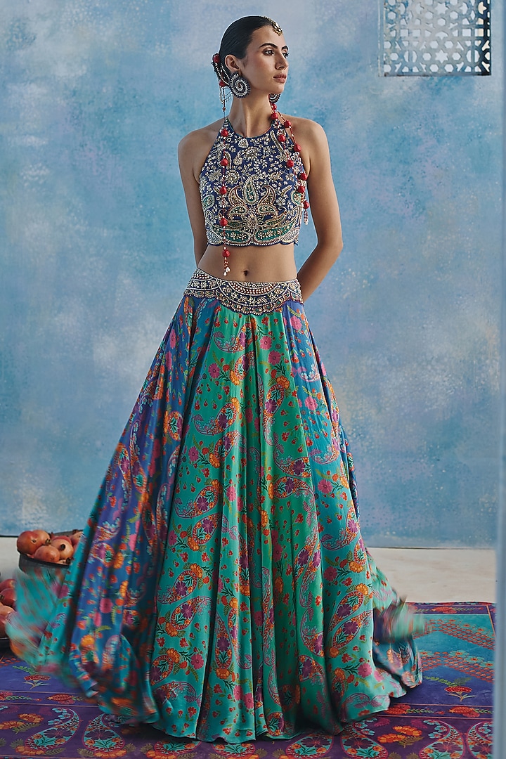Blue Chanderi & Modal Satin Printed Wedding Lehenga Set by Show Shaa at Pernia's Pop Up Shop