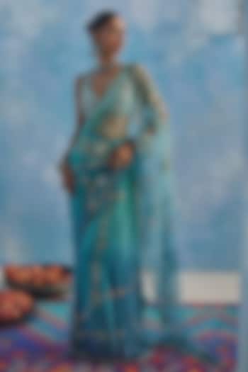 Blue Net Hand & Machine Embroidered Pre-Draped Reception Saree Set by Show Shaa at Pernia's Pop Up Shop