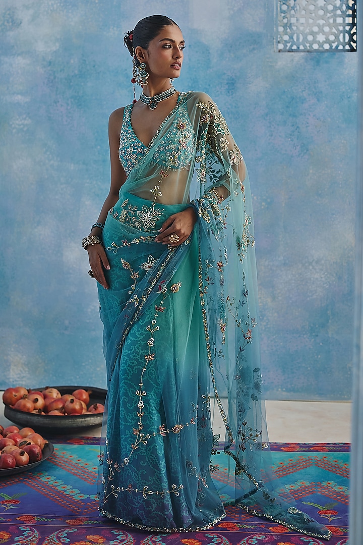 Blue Net Hand & Machine Embroidered Pre-Draped Reception Saree Set by Show Shaa at Pernia's Pop Up Shop