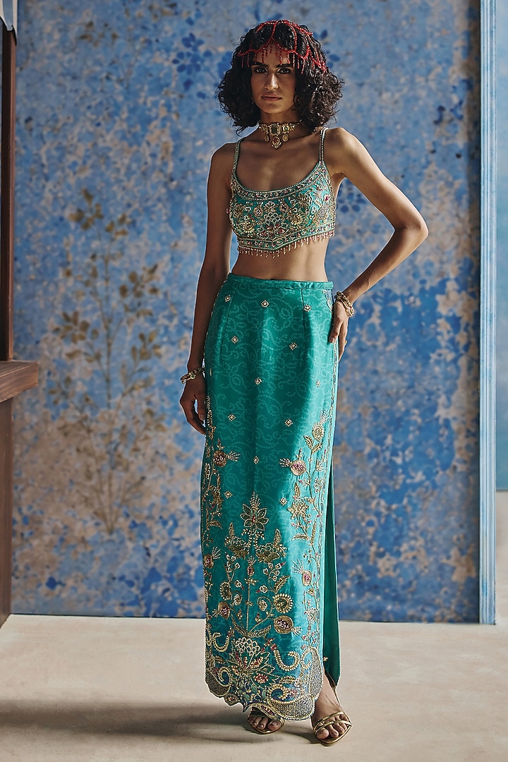 Blue Chanderi Silk Hand & Machine Skirt Set by Show Shaa at Pernia's Pop Up Shop