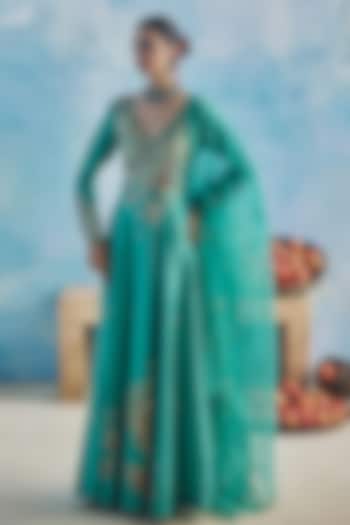 Blue Chanderi Silk Hand & Machine Embroidered Wedding Anarkali Set by Show Shaa at Pernia's Pop Up Shop