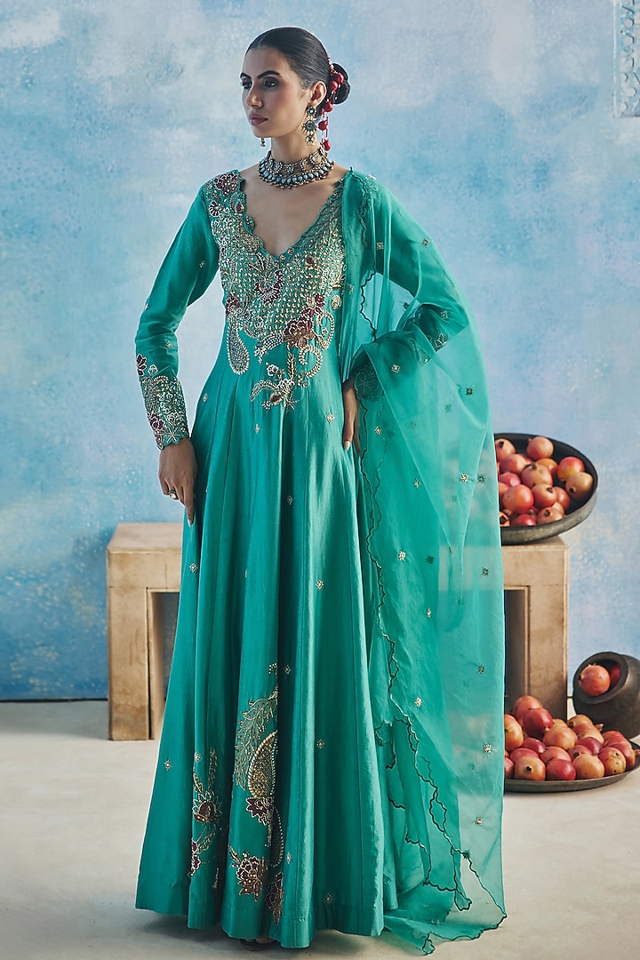 Blue Chanderi Silk Hand & Machine Embroidered Wedding Anarkali Set by Show Shaa at Pernia's Pop Up Shop