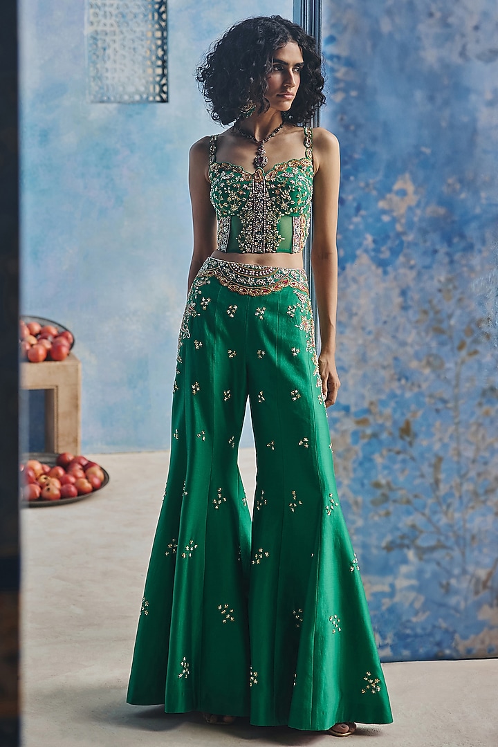 Emerald Green Chanderi Silk Hand & Machine Embroidered Co-Ord Set by Show Shaa at Pernia's Pop Up Shop
