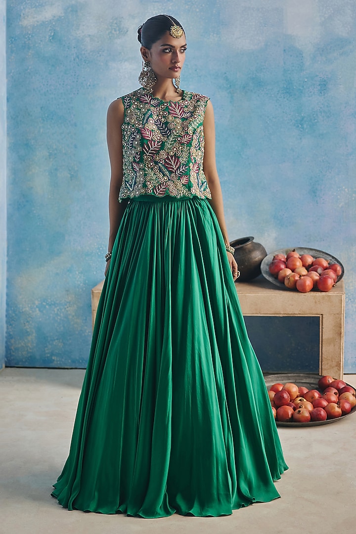 Emerald Green Satin Skirt Set by Show Shaa at Pernia's Pop Up Shop