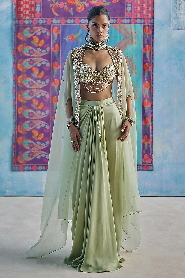 Pista Green Satin Draped Skirt Set by Show Shaa at Pernia's Pop Up Shop