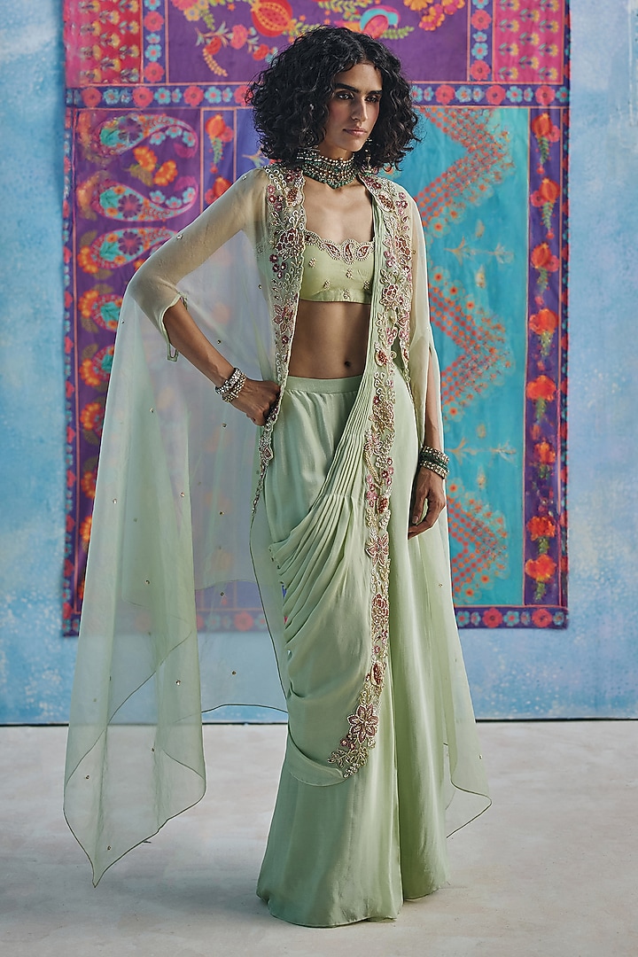 Pista Green Chiffon Pre-Stitched Wedding Saree Set by Show Shaa at Pernia's Pop Up Shop