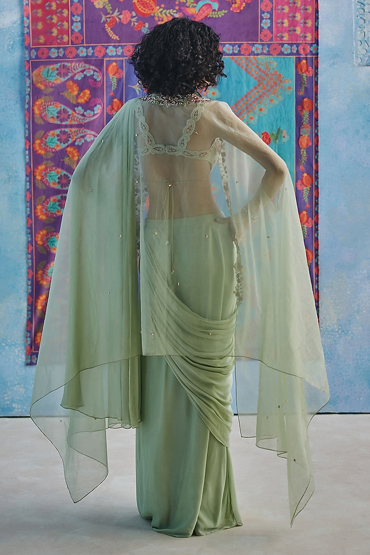 Pista Green Chiffon Pre-Stitched Wedding Saree Set by Show Shaa at Pernia's Pop Up Shop