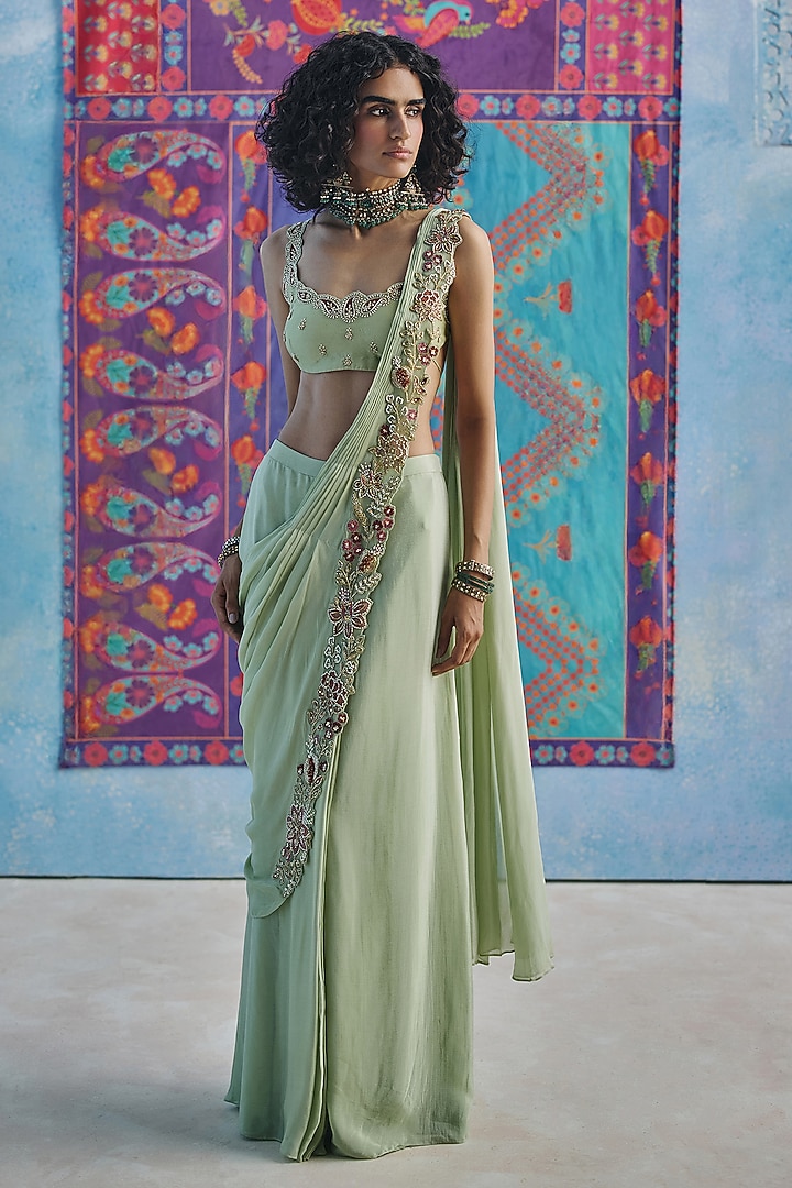 Pista Green Chiffon Pre-Stitched Wedding Saree Set by Show Shaa at Pernia's Pop Up Shop