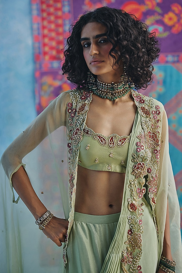 Pista Green Chiffon Pre-Stitched Wedding Saree Set by Show Shaa at Pernia's Pop Up Shop