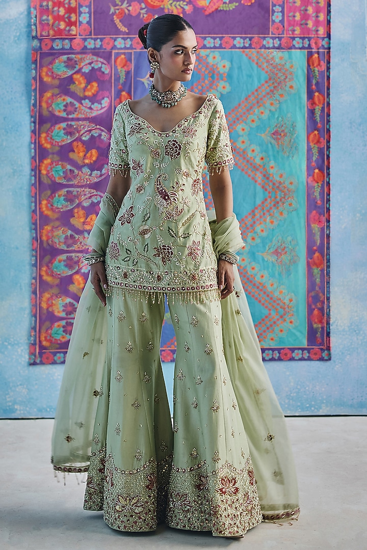 Pista Green Chanderi Silk Bridal Sharara Set by Show Shaa at Pernia's Pop Up Shop