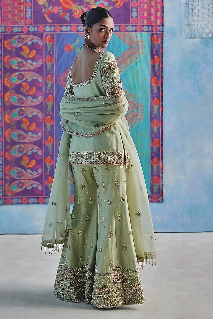 Pista Green Chanderi Silk Bridal Sharara Set by Show Shaa at Pernia's Pop Up Shop
