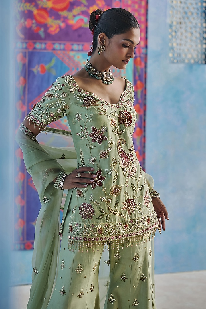 Pista Green Chanderi Silk Bridal Sharara Set by Show Shaa at Pernia's Pop Up Shop
